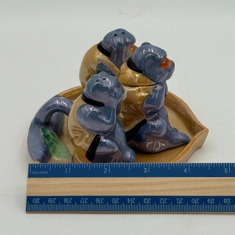 Vintage Three Wise Monkeys Lusterware Salt Pepper Mustard Set Japan Blue Gold